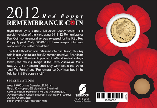 2012 $2 Remembrance Red Poppy Coloured Uncirculated Coin