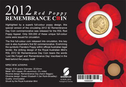 2012 $2 Remembrance Red Poppy Coloured Uncirculated Coin