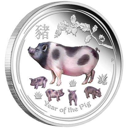 2019 $1 Lunar Year of The Pig 1oz Silver Coloured Proof Coin