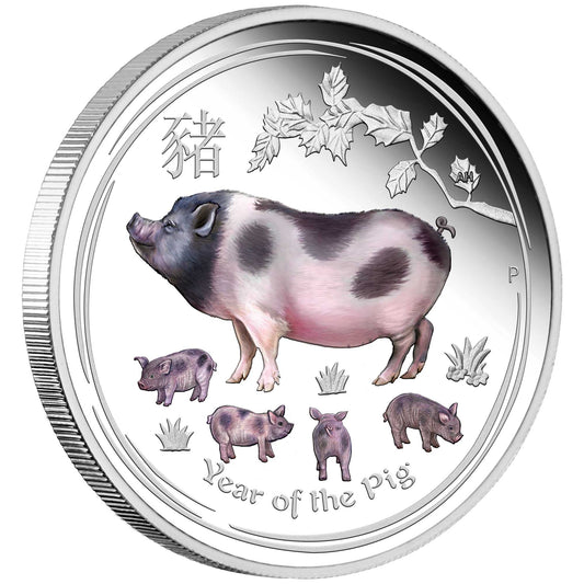 2019 $1 Lunar Year of The Pig 1oz Silver Coloured Proof Coin