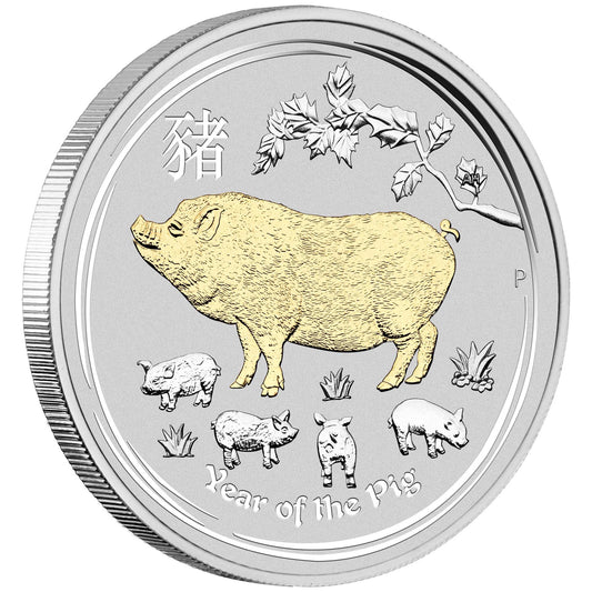 2019 $1 Lunar Year of The Pig 1oz Silver Gilded Coin