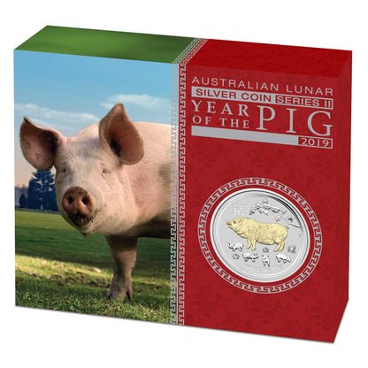 2019 $1 Lunar Year of The Pig 1oz Silver Gilded Coin