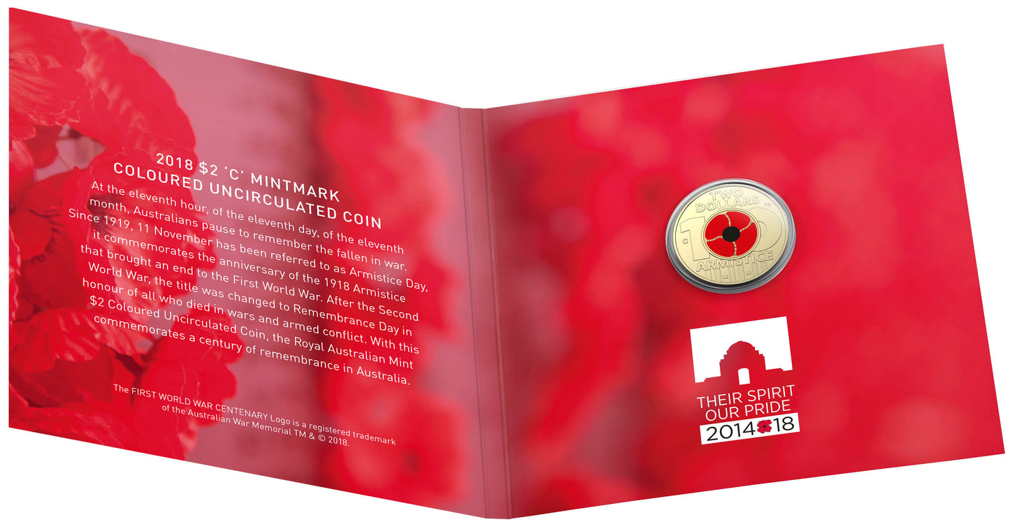 2018 $2 Remembrance Day Armistice Centenary 'C' Mintmark Coloured Uncirculated Coin