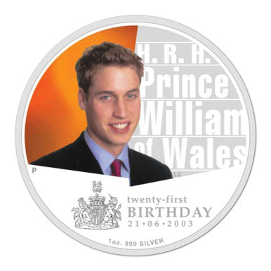 2003 $1 H.R.H. Prince William of Wales 21st Birthday 1oz Silver Coloured Proof Coin