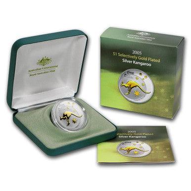 2005 $1 Australian Kangaroo Selectively Gold Plated 1oz Silver Coin