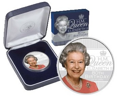 2006 $1 Her Majesty Queen Elizabeth II 80th Birthday 1oz Silver Coloured Proof Coin