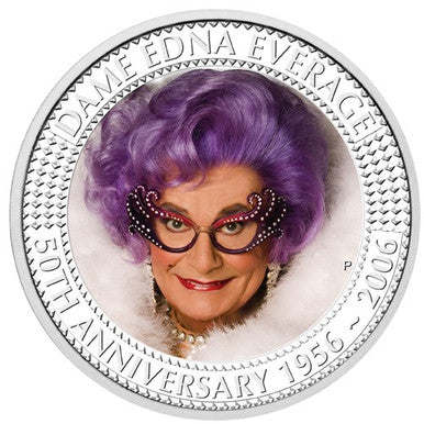 2006 50th Anniversary of Barry Humpheries as Dame Edna Everage 1oz Silver Coloured Proof Coin and Stamp Set