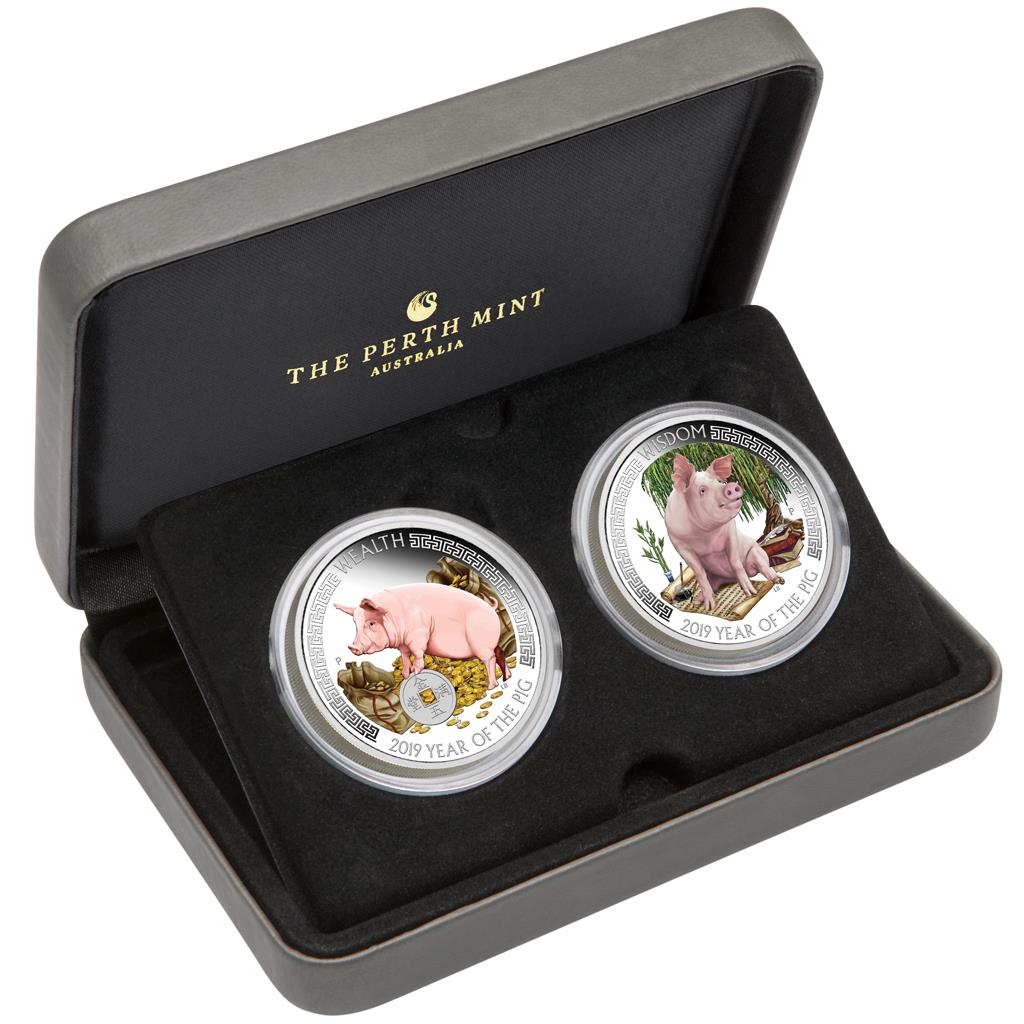 Tuvalu 2019 $1 Lunar Good Fortune Year of The Pig Wealth & Wisdom 1oz Silver Coloured 2 Coin Proof Set
