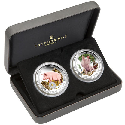 Tuvalu 2019 $1 Lunar Good Fortune Year of The Pig Wealth & Wisdom 1oz Silver Coloured 2 Coin Proof Set