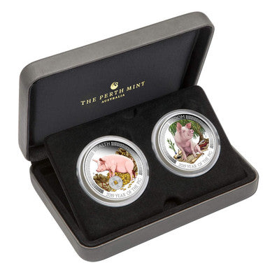 Tuvalu 2019 $1 Lunar Good Fortune Year of The Pig Wealth & Wisdom 1oz Silver Coloured 2 Coin Proof Set