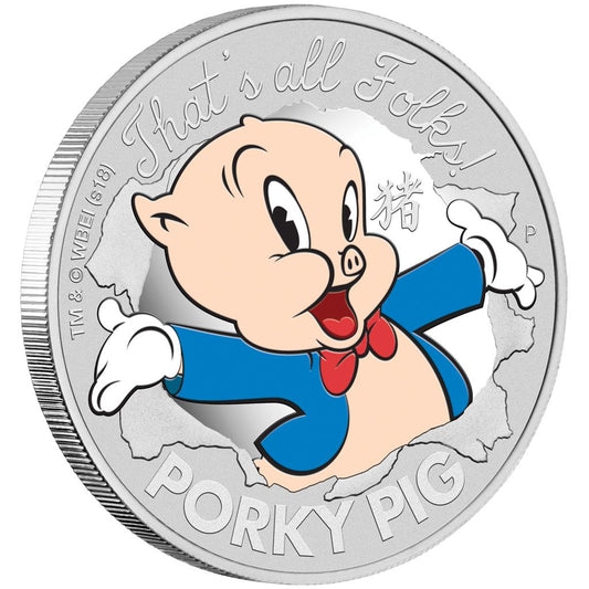 Tuvalu 2019 $1 Looney Tunes Porky Pig 1oz Silver Coloured Proof Coin