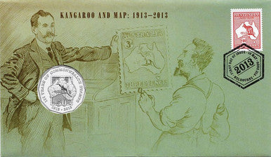 2013 50c Kangaroo and Map 100 Years of Stamps PNC