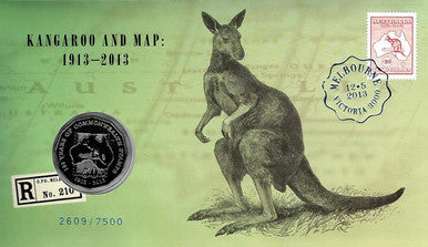 2013 50c Kangaroo and Map with Melbourne International Stamp 12.5 PNC