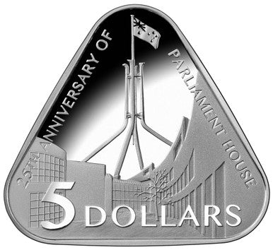 2013 $5 25th Anniversary of The Australian Parliament House Silver Proof Triangular Coin