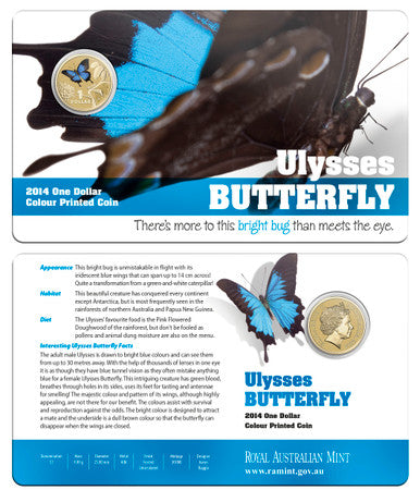2014 $1 Bright Bug Ulysses Butterfly Coloured Uncirculated Coin