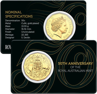2015 50c 50th Anniversary of The Royal Australian Mint Gold Plated Uncirculated Coin