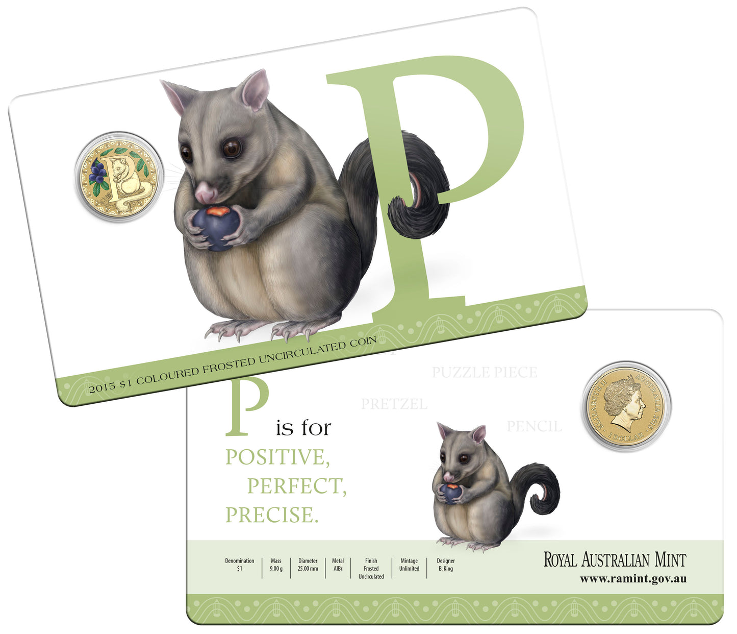 2015 $1 Alphabet Possum Coloured Uncirculated Coin