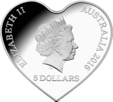 2016 $5 With Love 1oz Silver Coloured Heart Shaped Proof Coin