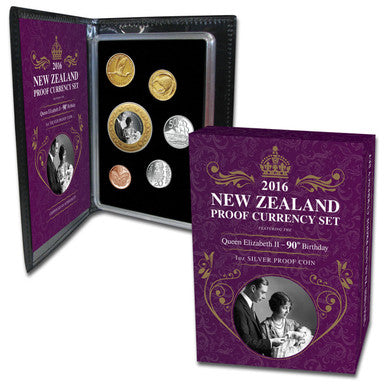 NZ 2016 Proof Set with Queen Elizabeth II 90th Birthday Selectively Gold Plated 1oz Silver Proof Coin