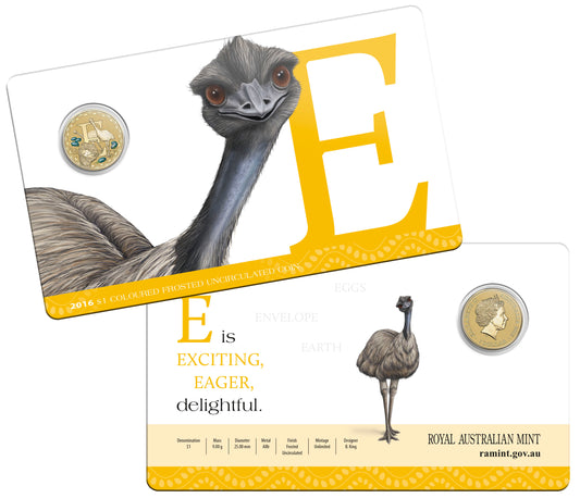 2016 $1 Alphabet Emu Coloured Uncirculated Coin