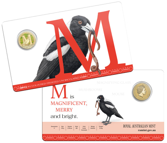 2016 $1 Alphabet Magpie Coloured Uncirculated Coin
