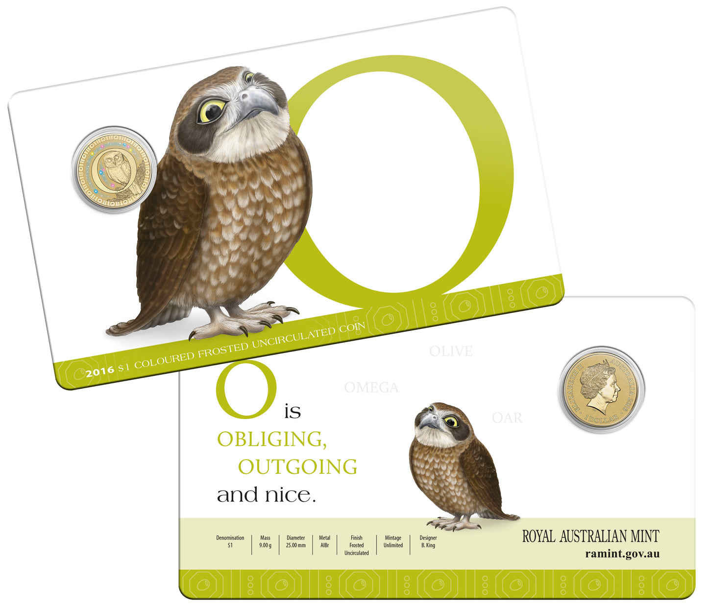 2016 $1 Alphabet Owl Coloured Uncirculated Coin