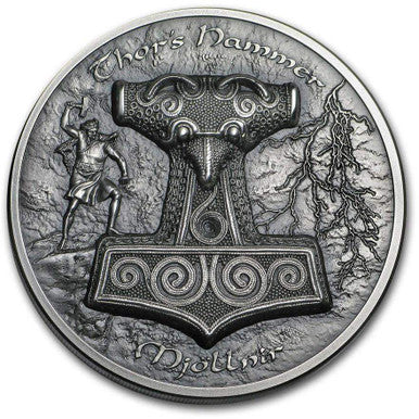 Cook Islands 2017 $10 Mythology Thor's Hammer MjoÌˆllnir 2oz Silver Antiqued High Relief Coin