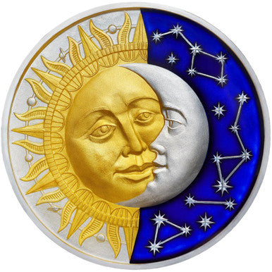 Niue 2017 $5 Celestial Bodies Sun and Moon Selectively Gold Plated 2oz Silver Coloured Antiqued Coin