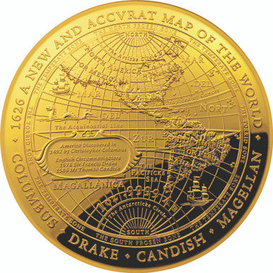 2018 $100 A New Map of The World 1626 Columbus, Drake, Cavendish and Magellan 1oz Gold Domed Proof Coin