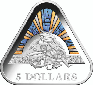 93365 2018 $5 Land Sea Air Silver Coloured Proof Triangular Coin