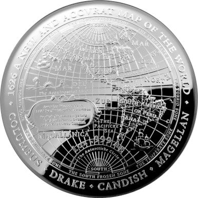 2019 $5 A New Map of The World 1626 Columbus, Drake, Cavendish and Magellan 1oz Silver Proof Domed Coin