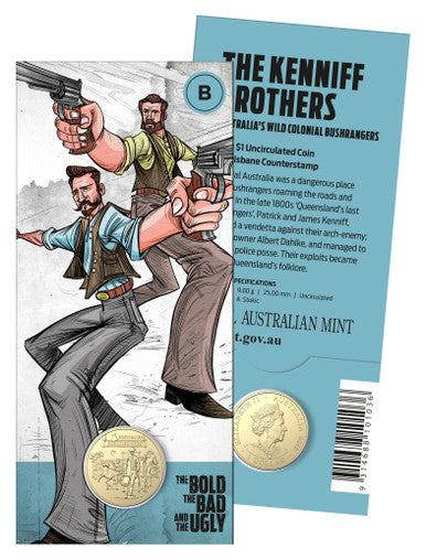 2019 $1 Australian Bushrangers The Bold The Bad and The Ugly The Kenniff Brothers 'B' Counterstamp Uncirculated Coin