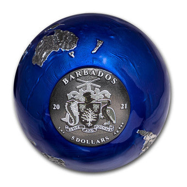 Barbados 2021 $5 Blue Marble Earth At Night 3oz Silver Coloured Spherical Shaped Coin