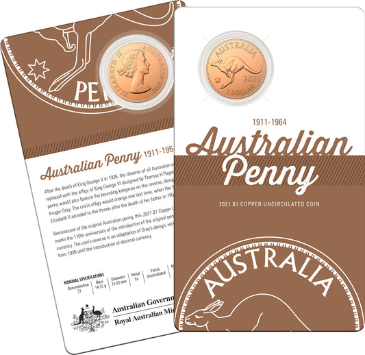 2021 $1 Australian Penny Kangaroo Copper Uncirculated Coin