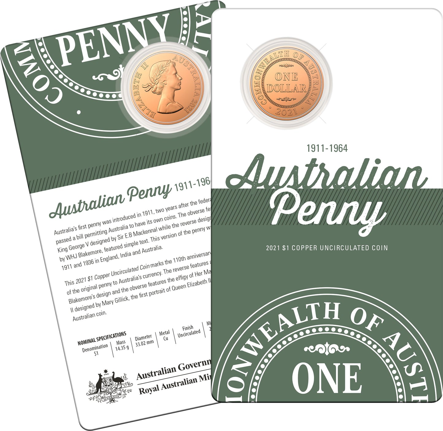 2021 $1 Australian Penny Copper Uncirculated Coin