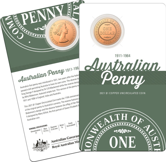 2021 $1 Australian Penny Copper Uncirculated Coin