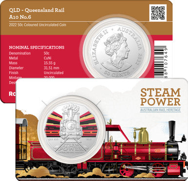 2022 50c Steam Power Australian Rail Heritage QLD Coloured Uncirculated Coin