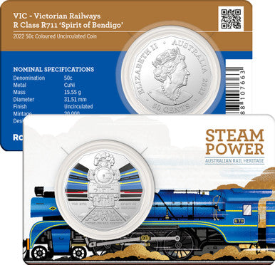 2022 50c Steam Power Australian Rail Heritage VIC Coloured Uncirculated Coin
