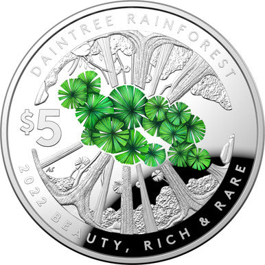 2022 $5 Beauty Rich & Rare Daintree Rainforest 1oz Silver Coloured Proof Domed Coin