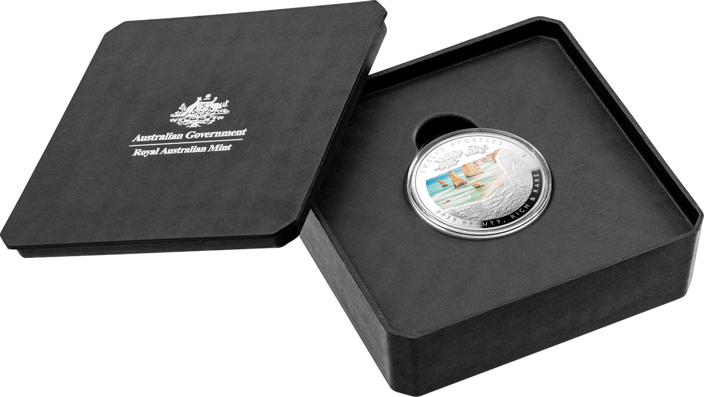 2023 $5 Beauty Rich & Rare Twelve Apostles 1oz Silver Coloured Proof Domed Coin
