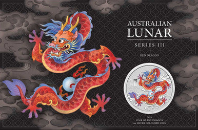 Australian Lunar Series III Red Dragon 2024 Year of the Dragon 1oz Silver Coloured Coin in Card