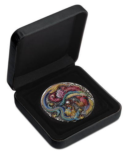 Tuvalu 2024 $5 Chinese Mythical Creatures Dragon & Phoenix 5oz Silver Coloured Antiqued Coin