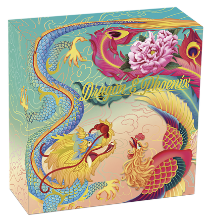 Tuvalu 2024 $5 Chinese Mythical Creatures Dragon & Phoenix 5oz Silver Coloured Antiqued Coin