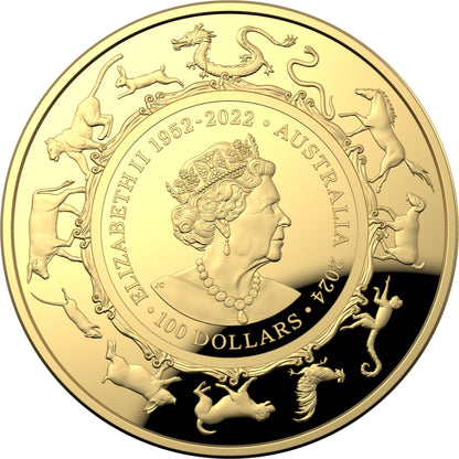 2024 $100 Year of The Dragon 1oz Gold Proof Domed Coin