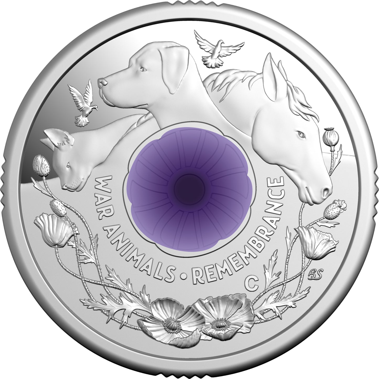 2024 $2 War Animals Remembrance Purple Poppy 'C' Mintmark Silver Proof Coin