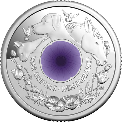 2024 $2 War Animals Remembrance Purple Poppy 'C' Mintmark Silver Proof Coin