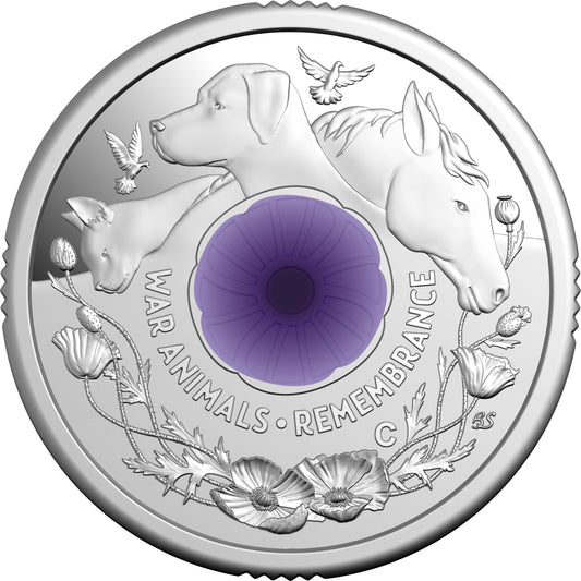2024 $2 War Animals Remembrance Purple Poppy 'C' Mintmark Silver Proof Coin