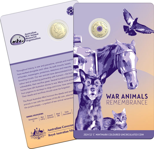 2024 $2 War Animals Remembrance Purple Poppy 'C' Mintmark Coloured Uncirculated Coin