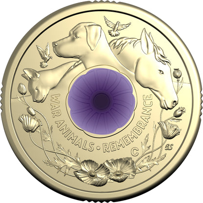 2024 $2 War Animals Remembrance Purple Poppy 'C' Mintmark Coloured Uncirculated Coin