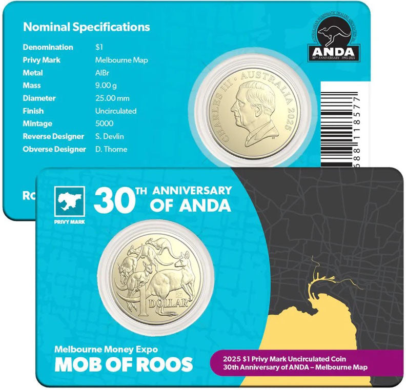 2025 $1 ANDA Melbourne 30th Anniversary of ANDA Melbourne Map Privy Mark Uncirculated Coin